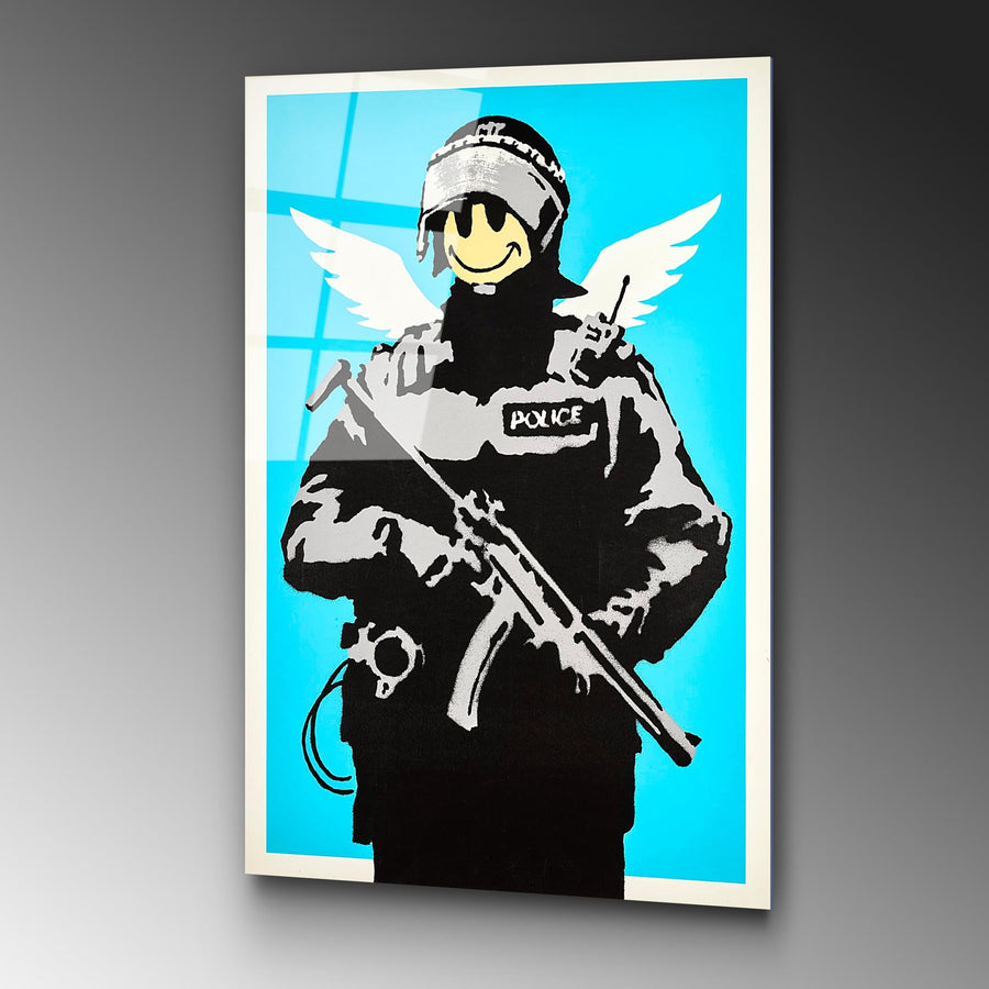 Banksy Polis Meleği Cam Tablo - Mavi