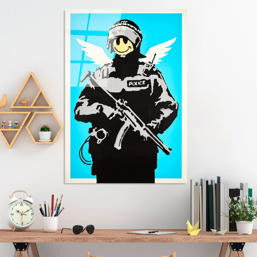 Banksy Polis Meleği Cam Tablo - Mavi