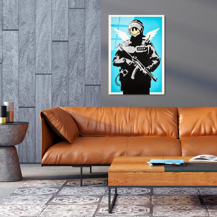 Banksy Polis Meleği Cam Tablo - Mavi