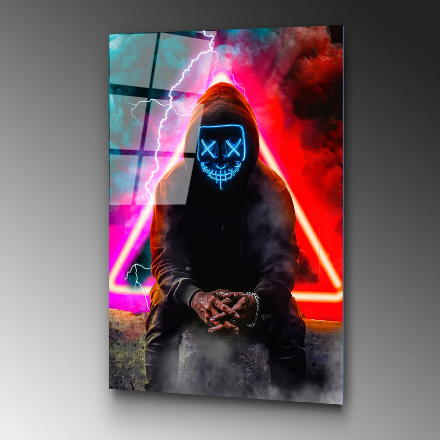Maskeli Hoodie Figür Kırmızı Cam Tablo - Siyah