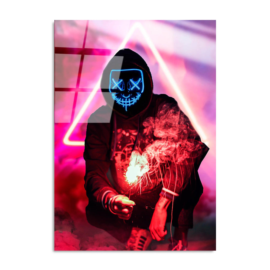 Maskeli Hoodie Figür Pembe Cam Tablo - Kırmızı
