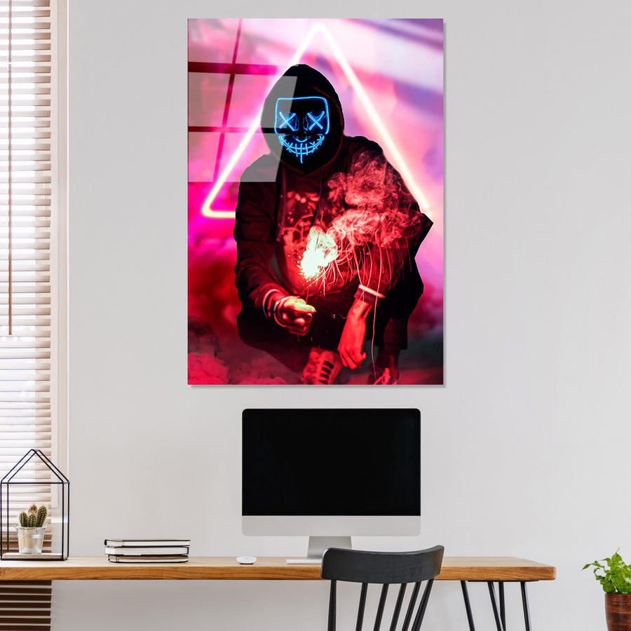 Maskeli Hoodie Figür Pembe Cam Tablo - Kırmızı