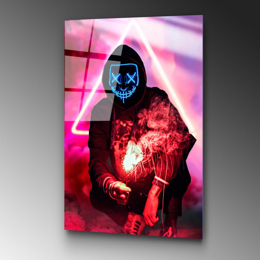 Maskeli Hoodie Figür Pembe Cam Tablo - Kırmızı