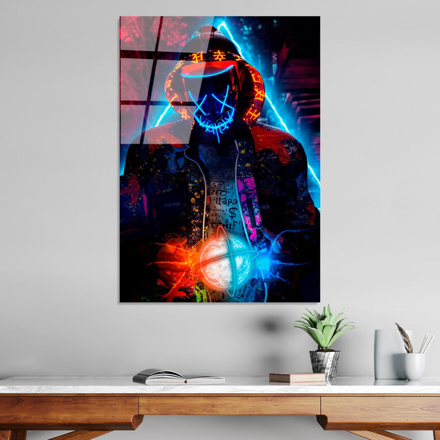 Maskeli Hoodie Figur Mavi Cam Tablo - Cok-Renkli