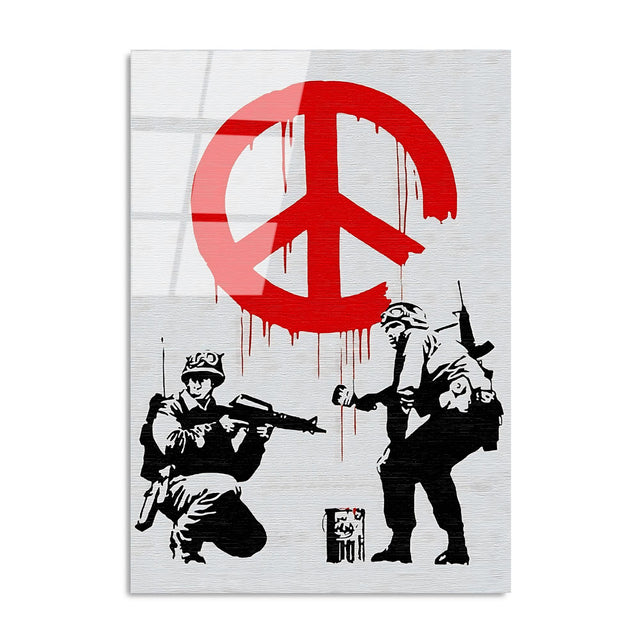 Asker Baris İşareti Banksy Cam Tablo - Beyaz