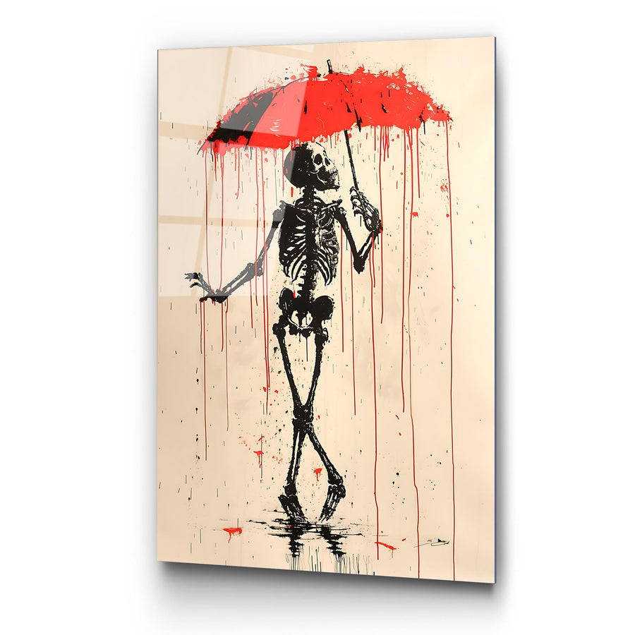 İskelet Şemsiye Banksy Cam Tablo - Krem
