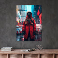 Cyberpunk Figür Şehir Cam Tablo - Kırmızı