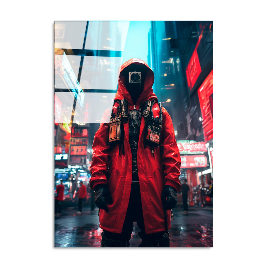 Cyberpunk Figür Şehir Cam Tablo - Kırmızı