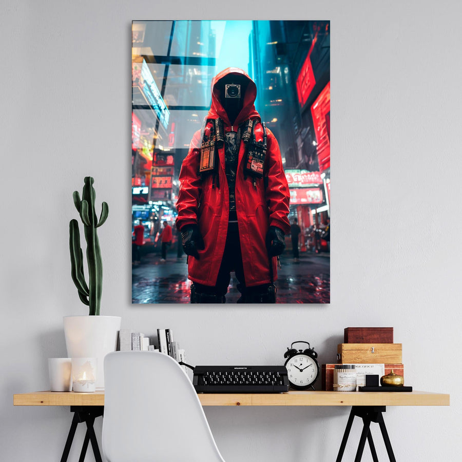Cyberpunk Figür Şehir Cam Tablo - Kırmızı
