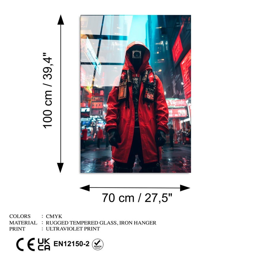 Cyberpunk Figür Şehir Cam Tablo - Kırmızı
