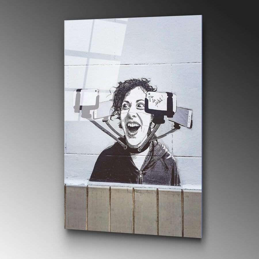 Selfie Graffiti Sokak Sanat Cam Tablo - Siyah