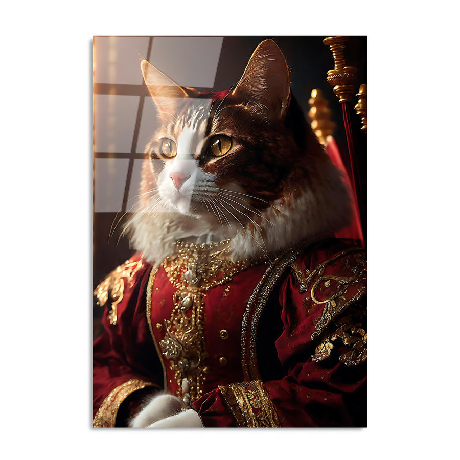 Kostumlu Kedi Portre Cam Tablo - Kirmizi