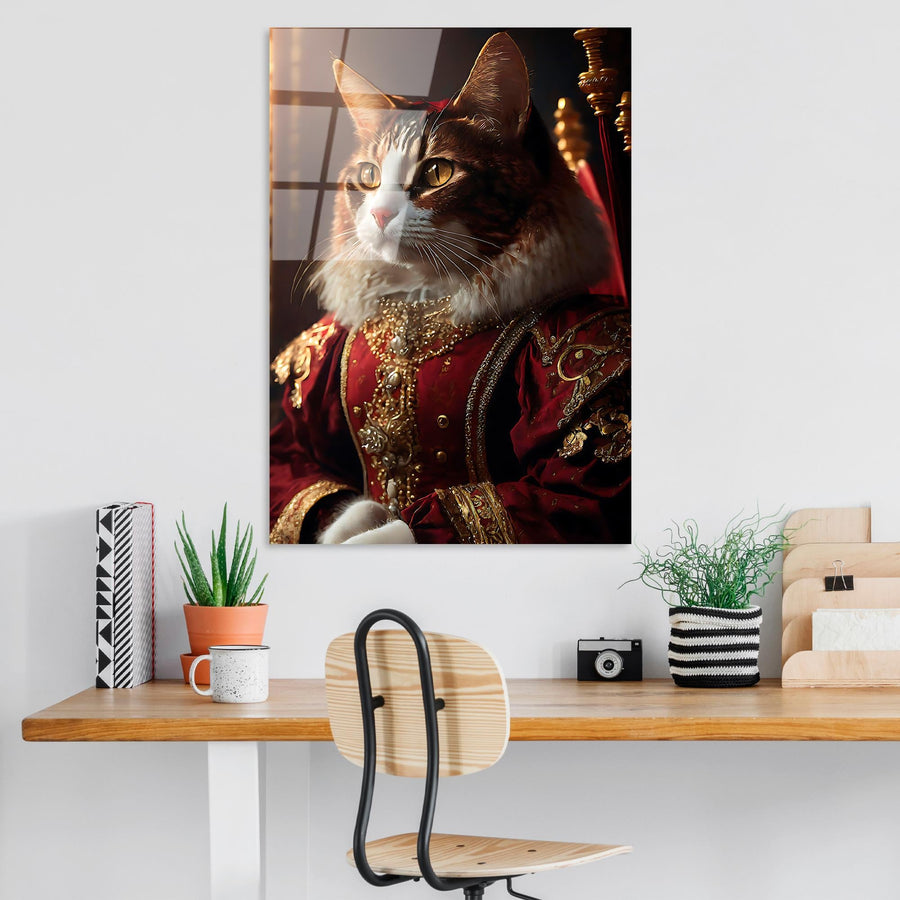 Kostumlu Kedi Portre Cam Tablo - Kirmizi
