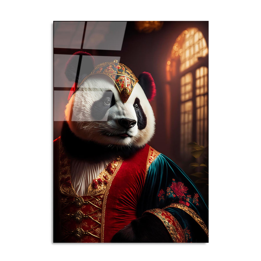 Kostumlu Panda Portre Cam Tablo - Siyah
