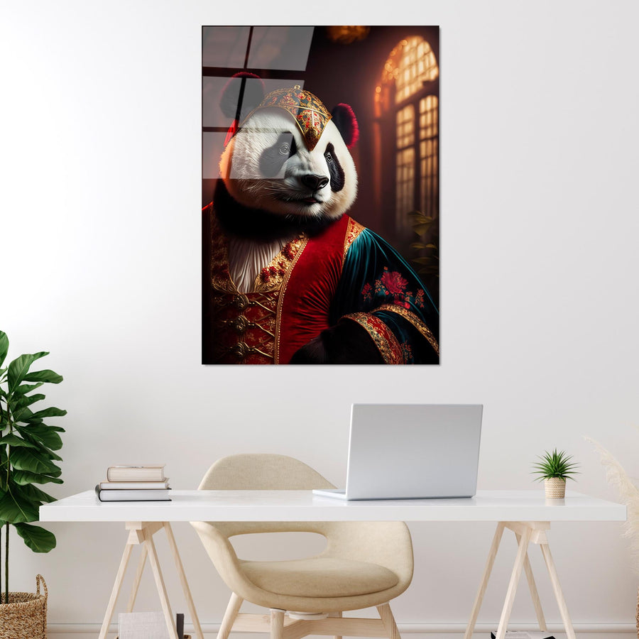 Kostumlu Panda Portre Cam Tablo - Siyah