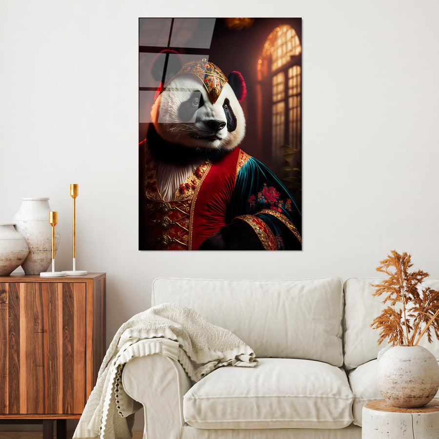 Kostumlu Panda Portre Cam Tablo - Siyah