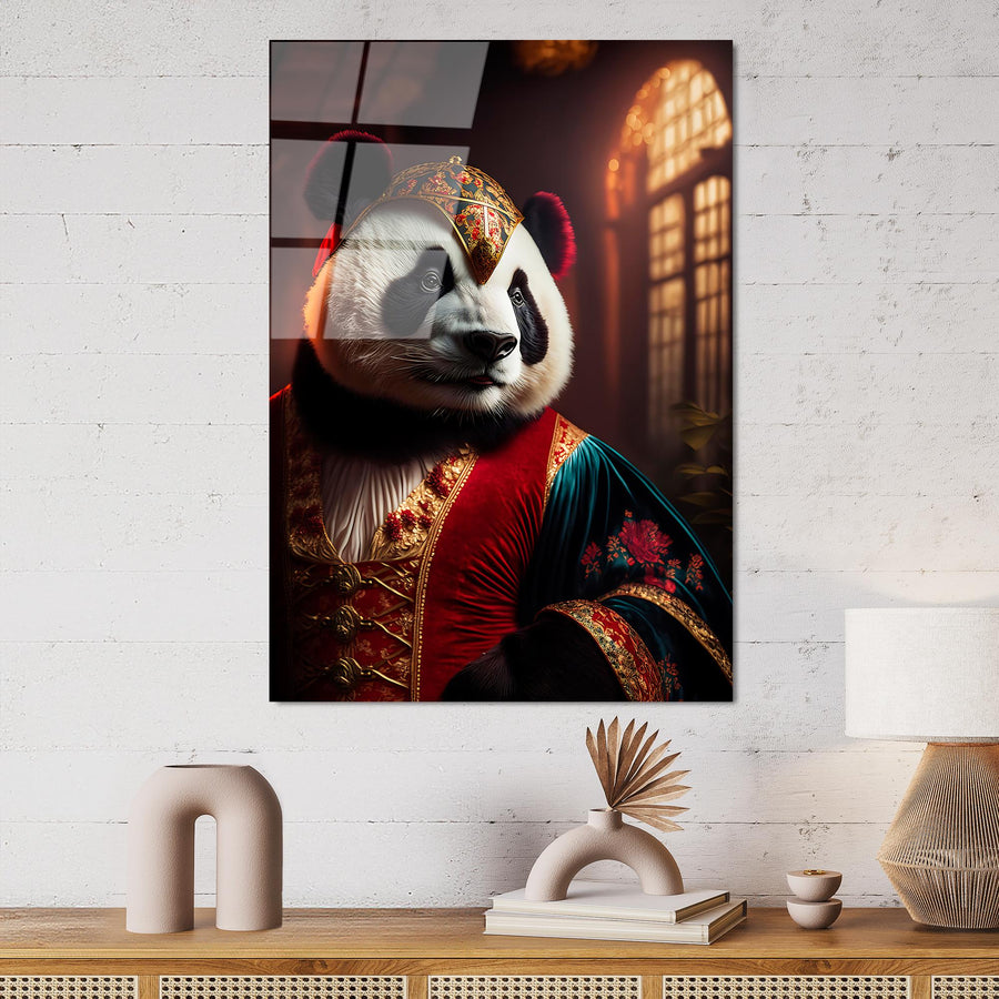 Kostumlu Panda Portre Cam Tablo - Siyah