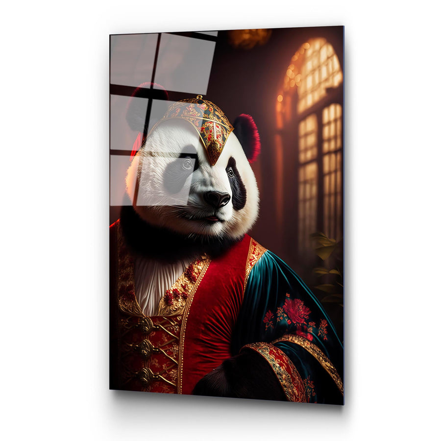 Kostumlu Panda Portre Cam Tablo - Siyah
