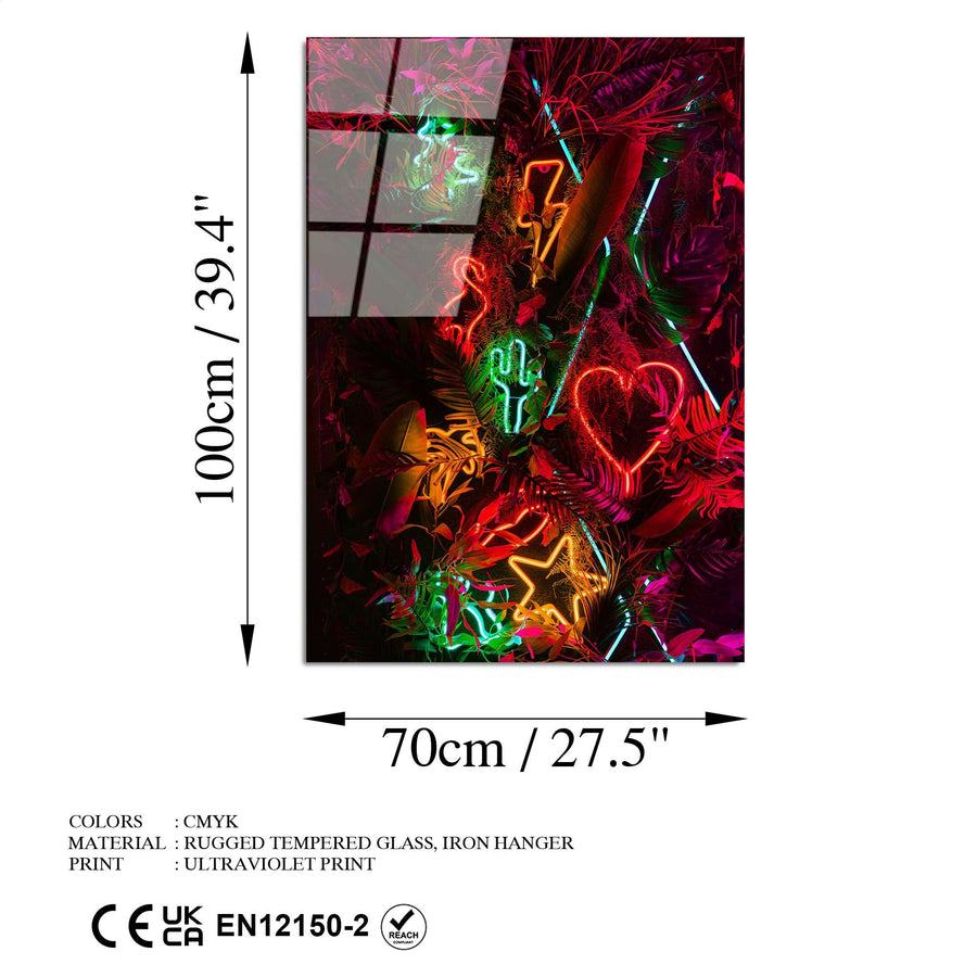 Neon Semboller Tropikal Cam Tablo - Kirmizi