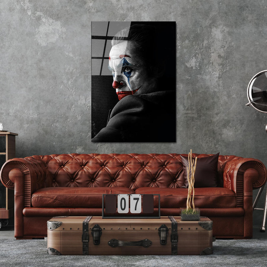 Joker Portre Siyah Beyaz Cam Tablo - Siyah