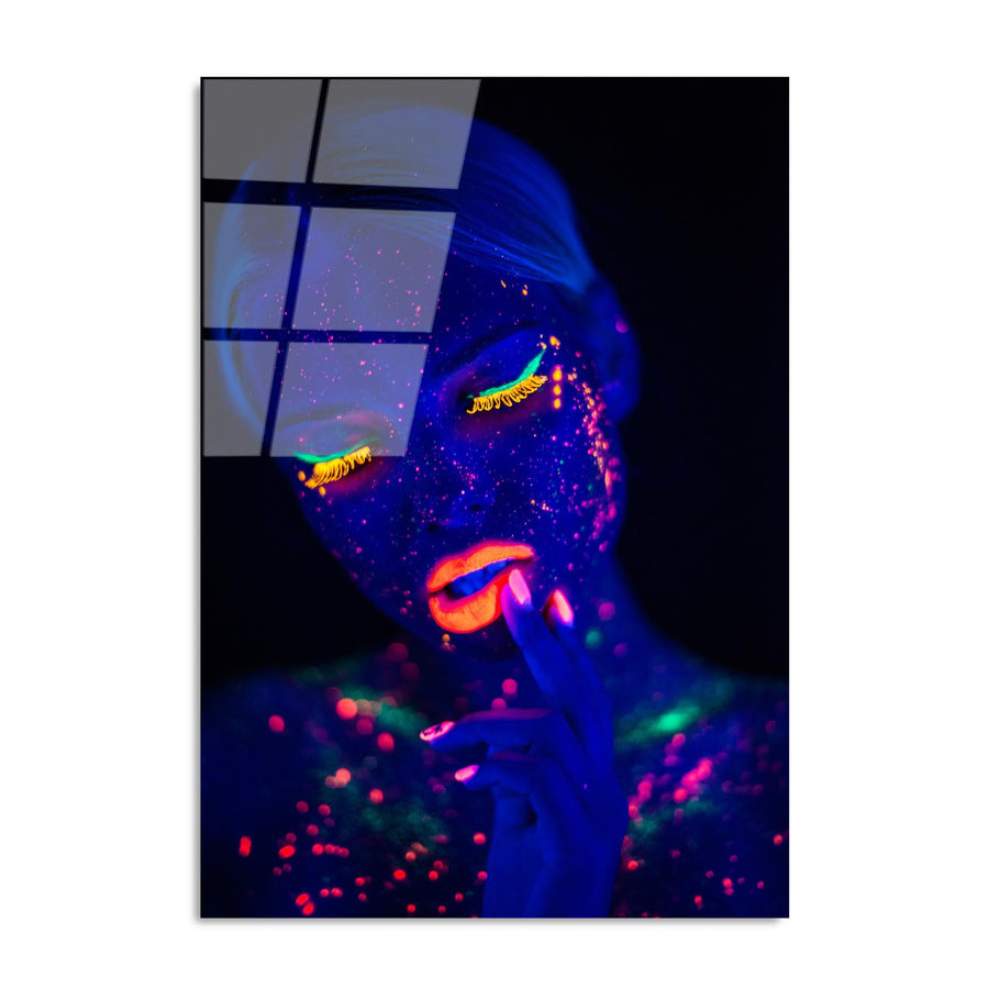 Kadin Portre Neon Boya Cam Tablo - Lacivert