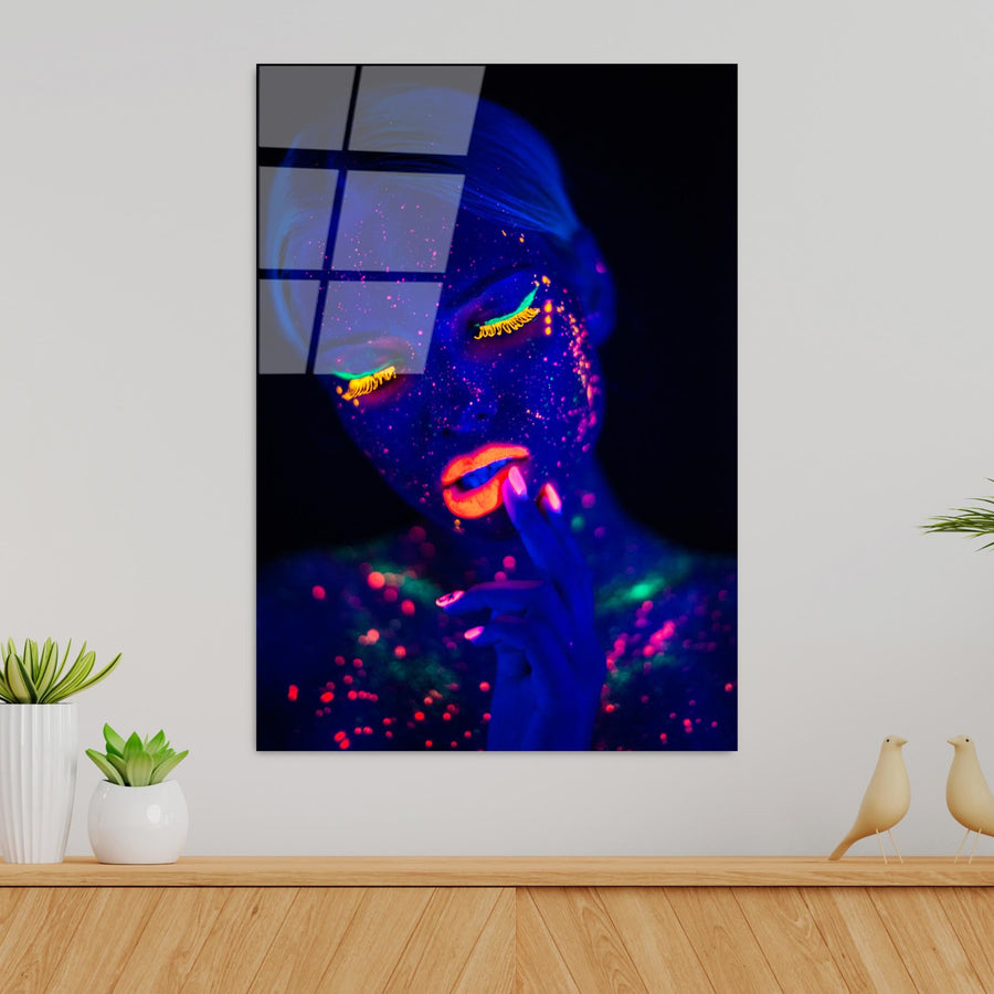 Kadin Portre Neon Boya Cam Tablo - Lacivert