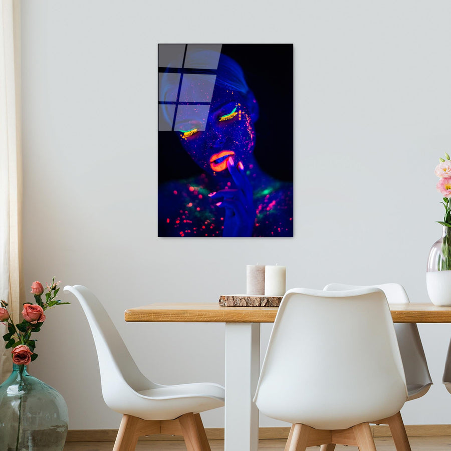 Kadin Portre Neon Boya Cam Tablo - Lacivert