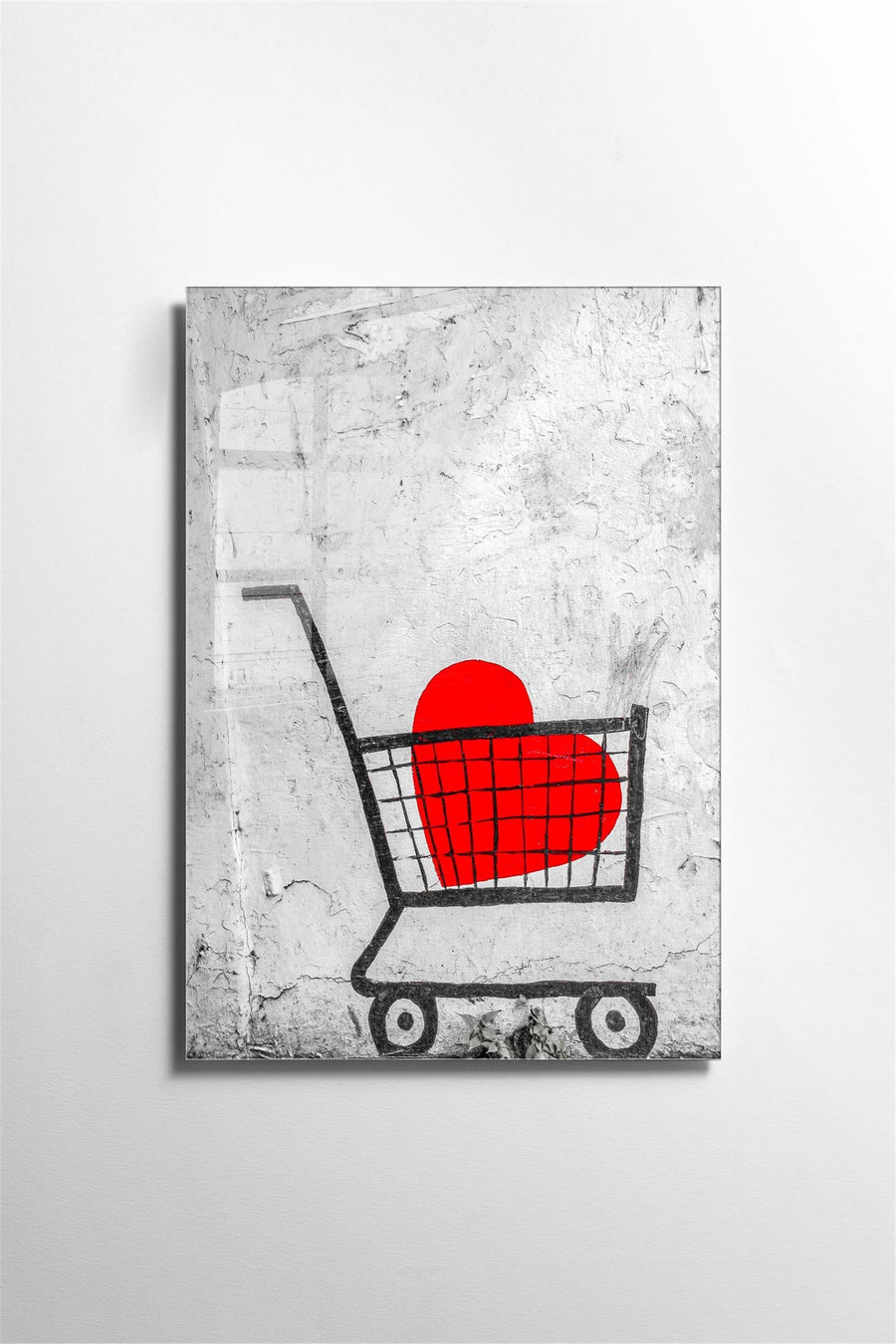 Kalp Alisveris Arabasi Banksy Cam Tablo - Gri
