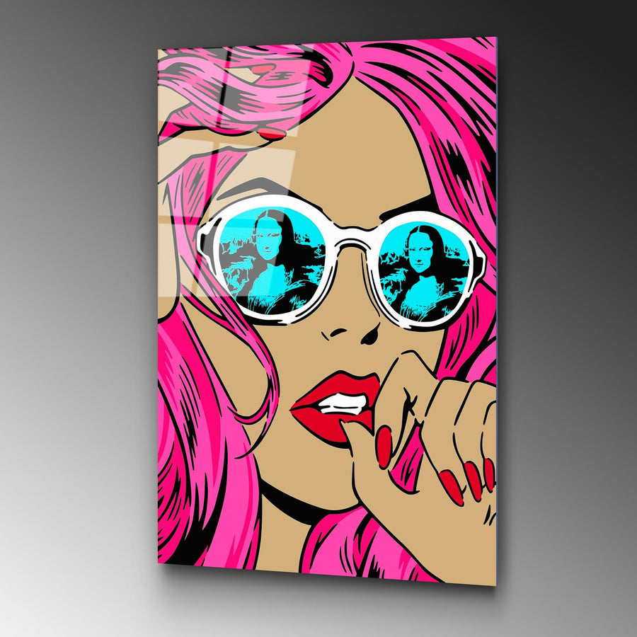Pembe Sacli Mona Lisa Kadin Cam Tablo - Pembe