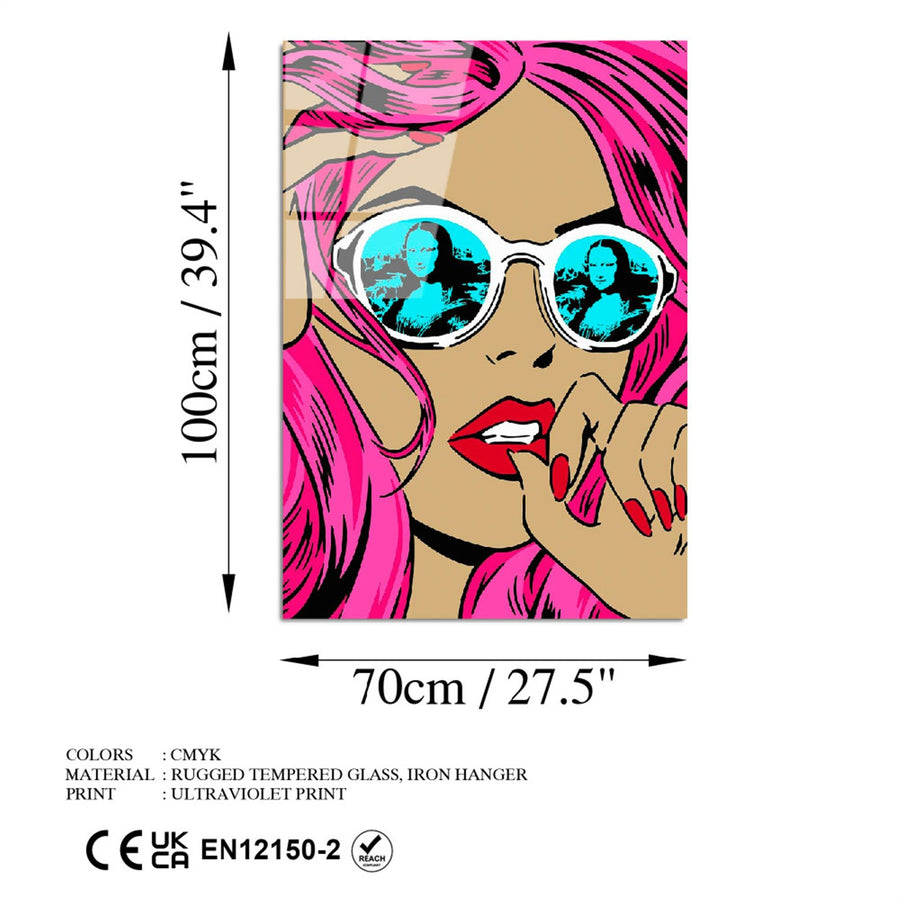 Pembe Sacli Mona Lisa Kadin Cam Tablo - Pembe