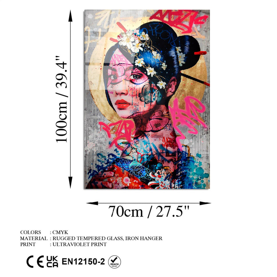Geisha Graffiti Pop Art Cam Tablo - Cok-Renkli