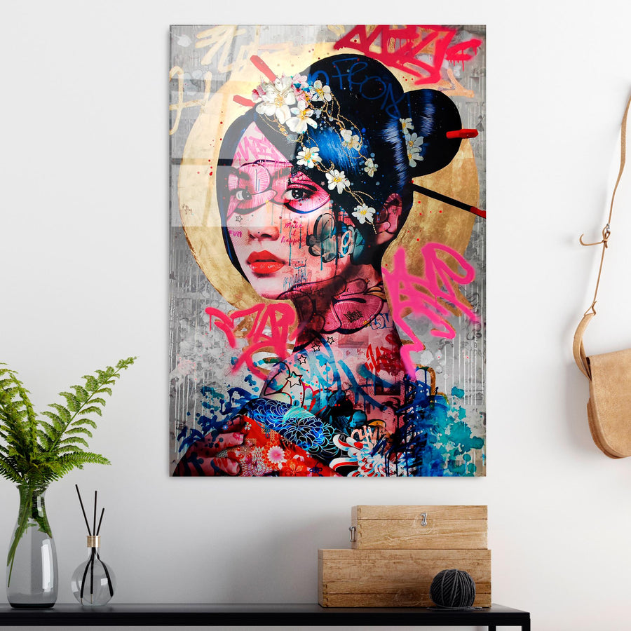 Geisha Graffiti Pop Art Cam Tablo - Cok-Renkli