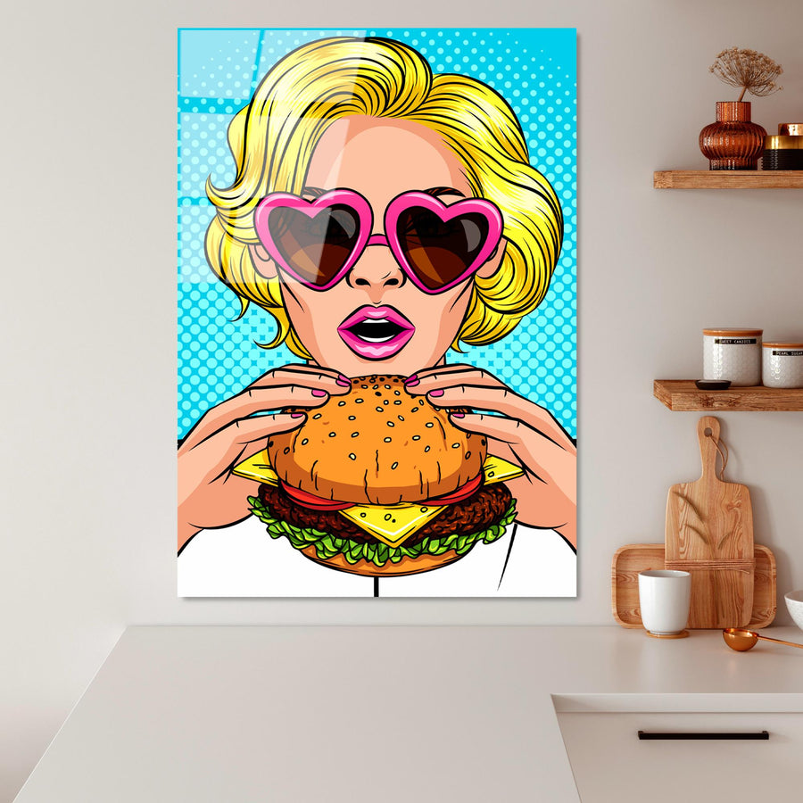 Pop Art Kadin Cam Tablo - Mavi
