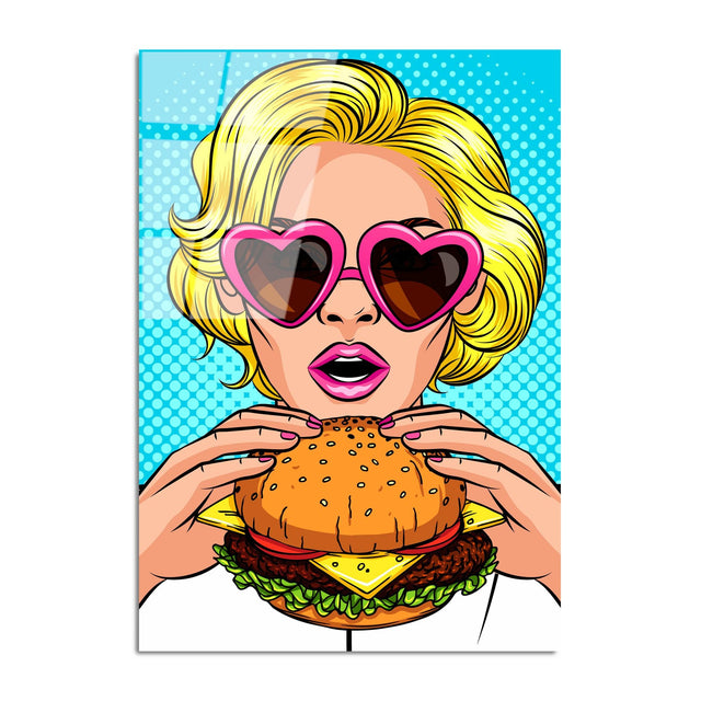 Pop Art Kadın Cam Tablo - Mavi