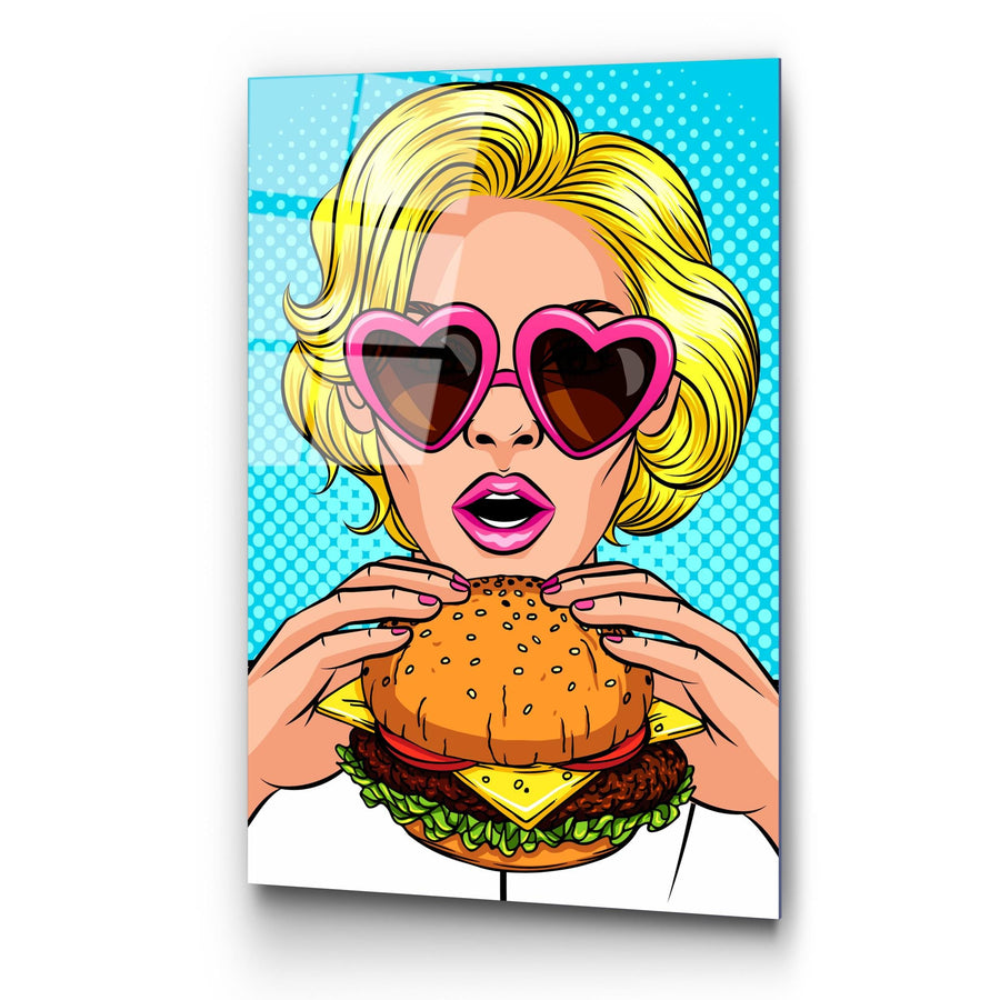 Pop Art Kadin Cam Tablo - Mavi