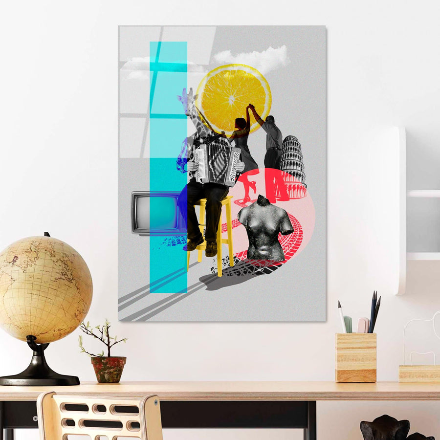 Modern Surreal Kolaj Cam Tablo - Gri