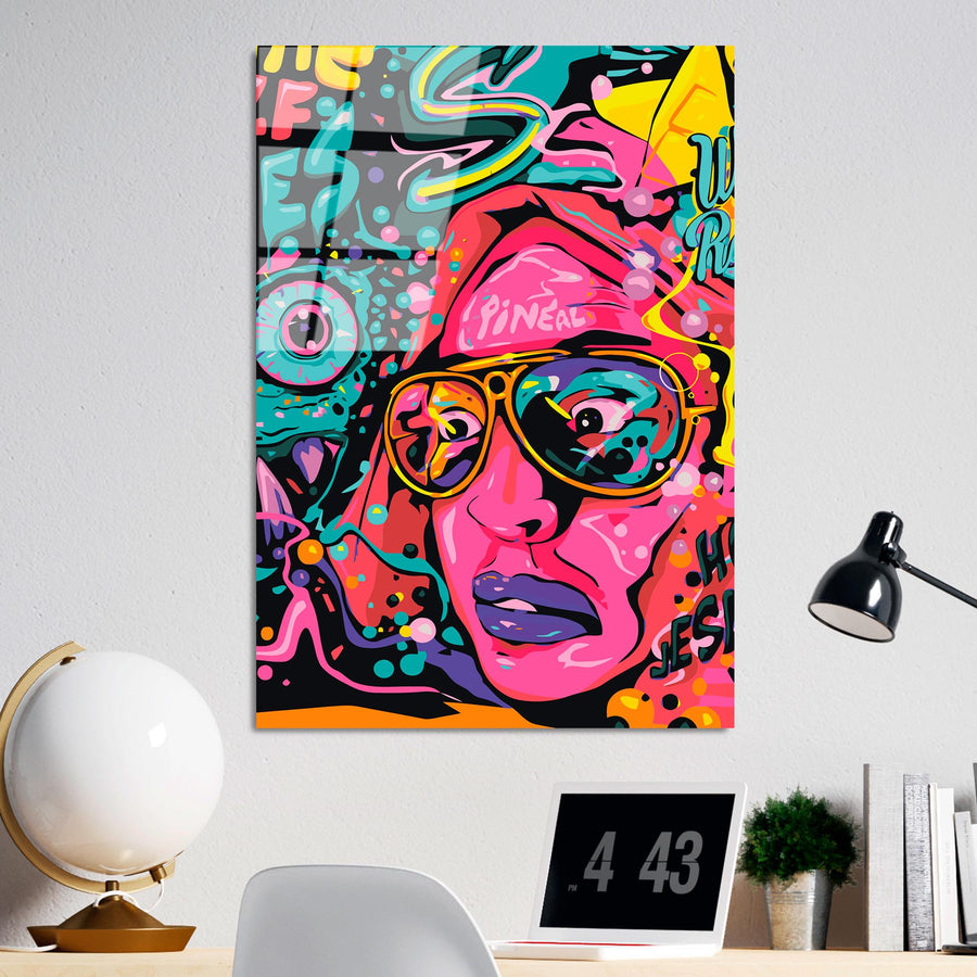 Pop Art Kadin Portre Cam Tablo - Pembe