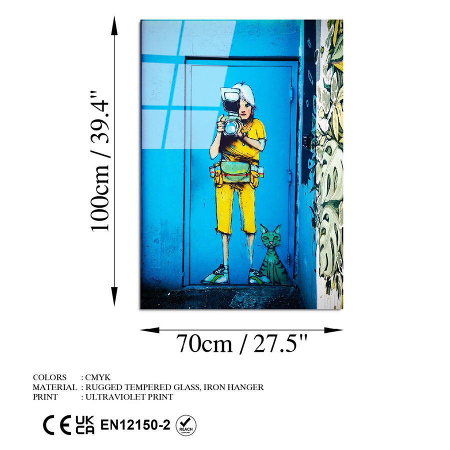 Fotografci Kiz Grafiti Cam Tablo - Mavi