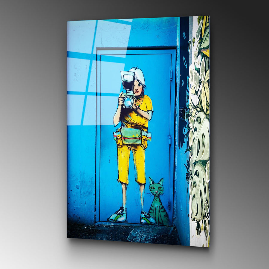 Fotografci Kiz Grafiti Cam Tablo - Mavi