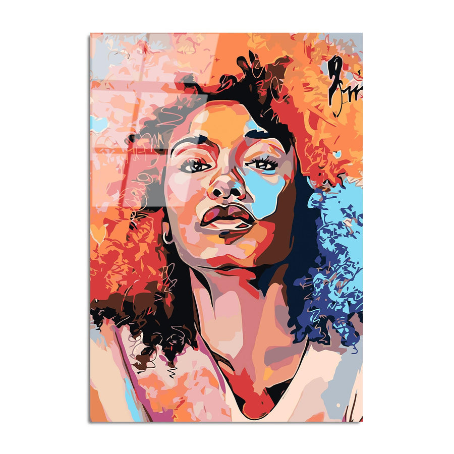 Afro Kadin Portre Cam Tablo - Turuncu