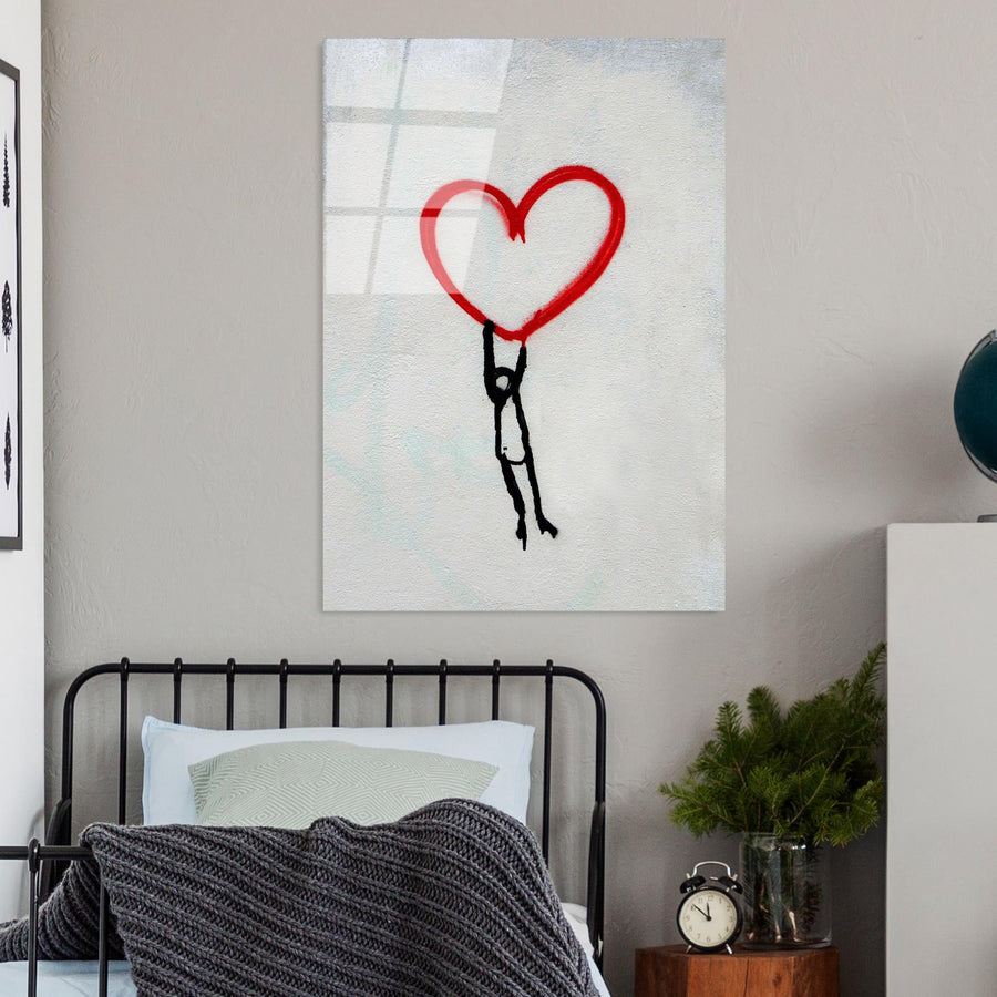 Kalp Balon Banksy Cam Tablo - Beyaz