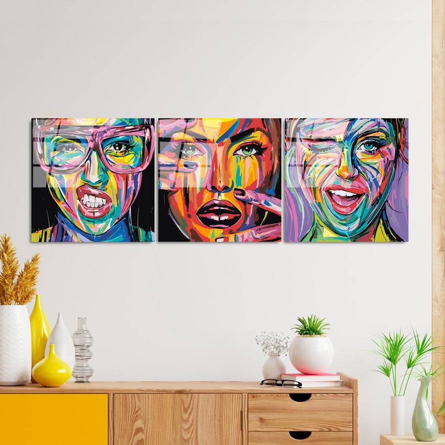 Pop Art Kadin Portre Uclu Set Cam Tablo - Cok Renkli