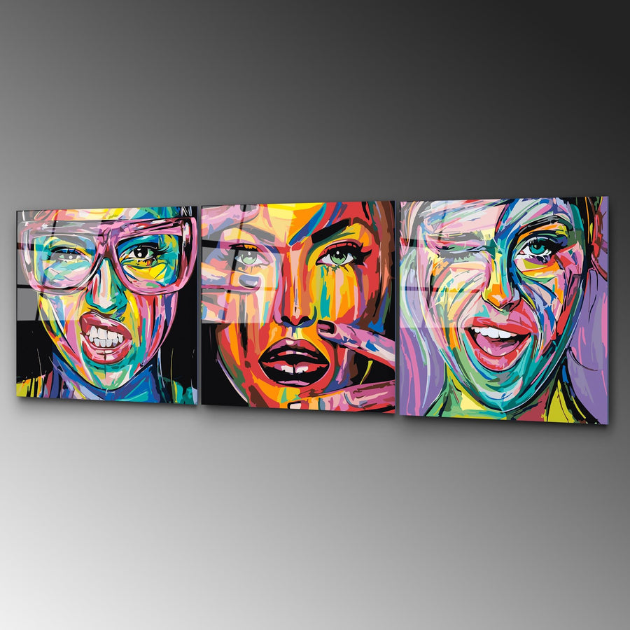 Pop Art Kadin Portre Uclu Set Cam Tablo - Cok Renkli