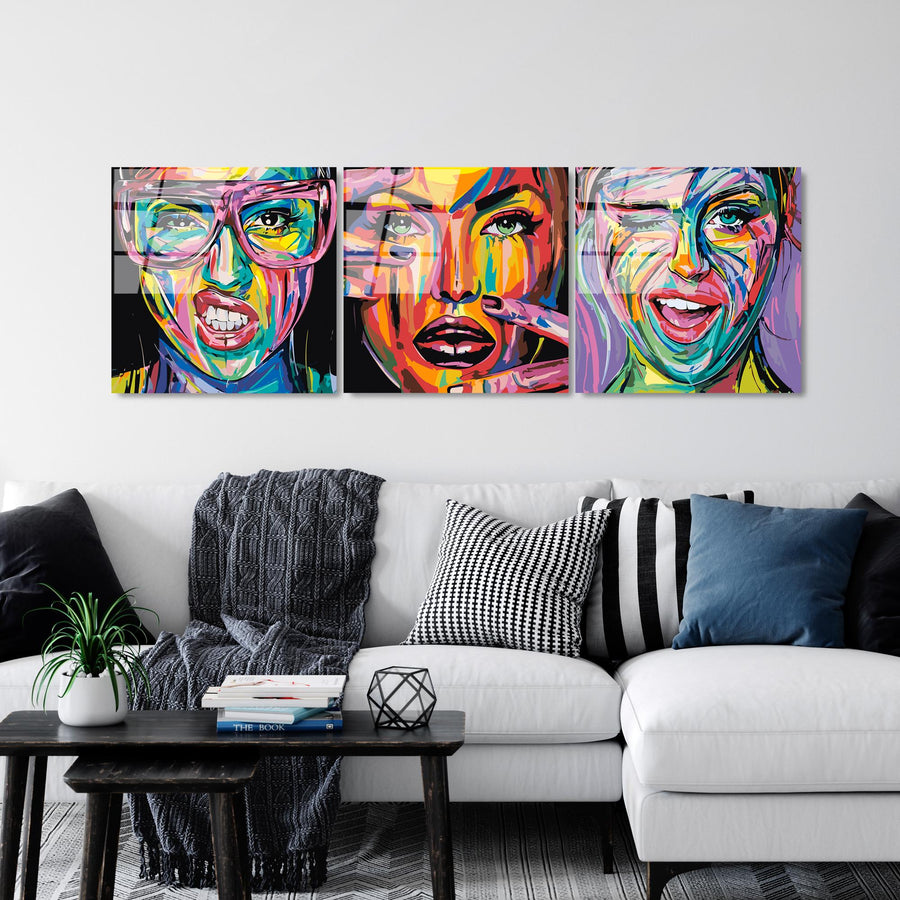 Pop Art Kadin Portre Uclu Set Cam Tablo - Cok Renkli