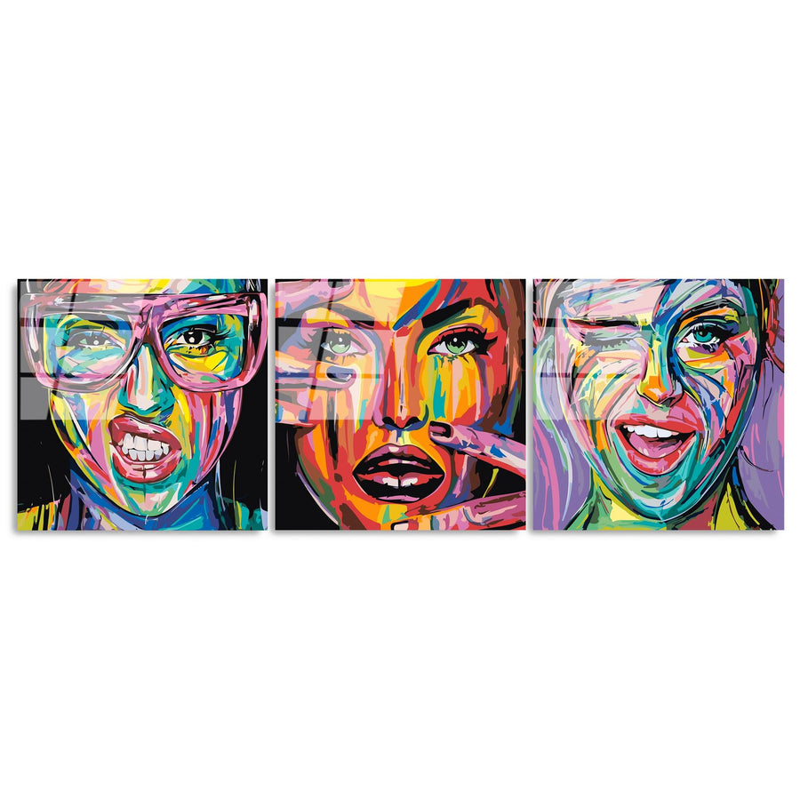 Pop Art Kadin Portre Uclu Set Cam Tablo - Cok Renkli