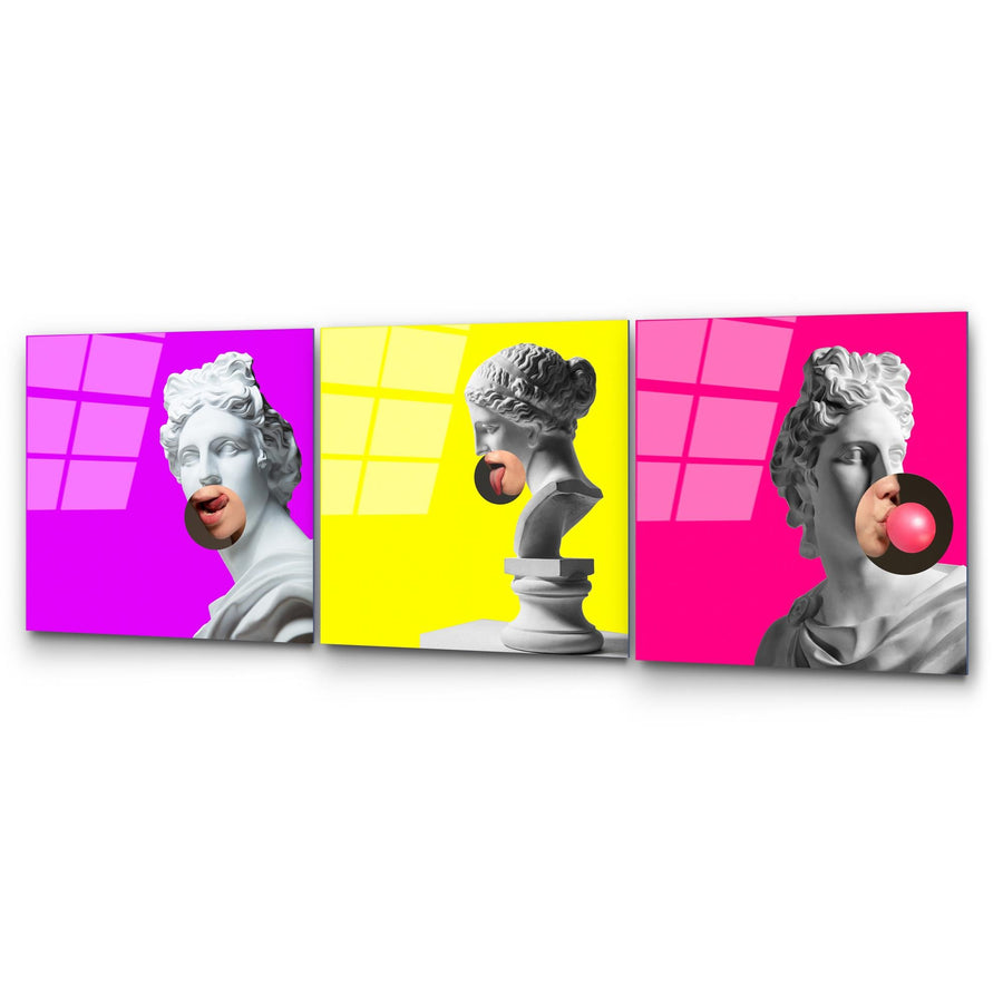 Antik Heykel Pop Art Uclu Set Cam Tablo - Beyaz