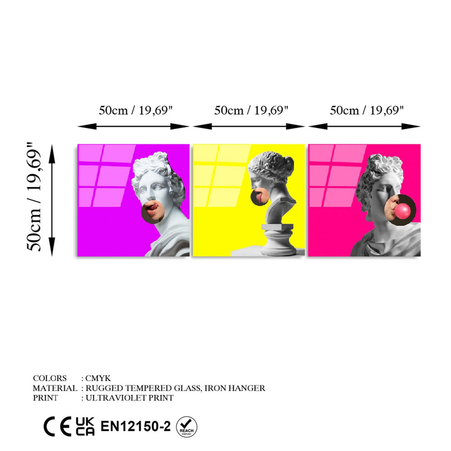 Antik Heykel Pop Art Uclu Set Cam Tablo - Beyaz