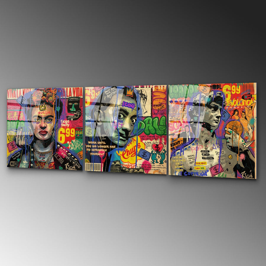 Sokak Sanati Ikon Portre Uclu Set Cam Tablo - Cok Renkli