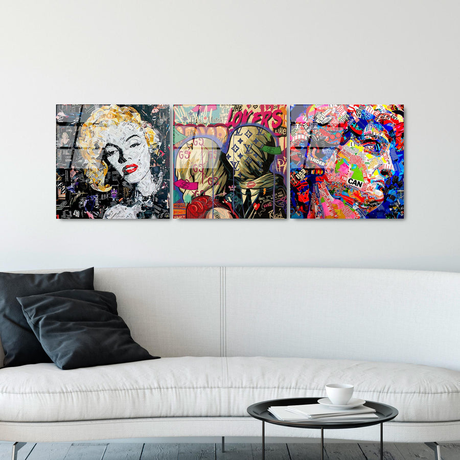 Pop Art Kolaj Portre Uclu Set Cam Tablo - Cok Renkli