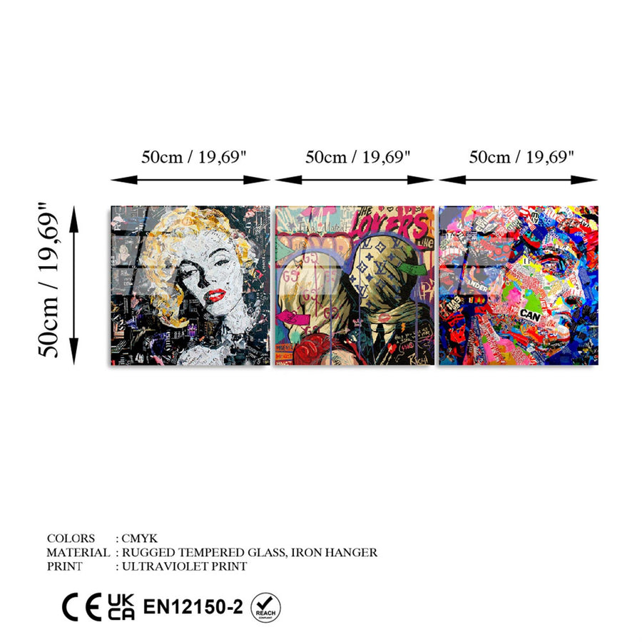 Pop Art Kolaj Portre Uclu Set Cam Tablo - Cok Renkli